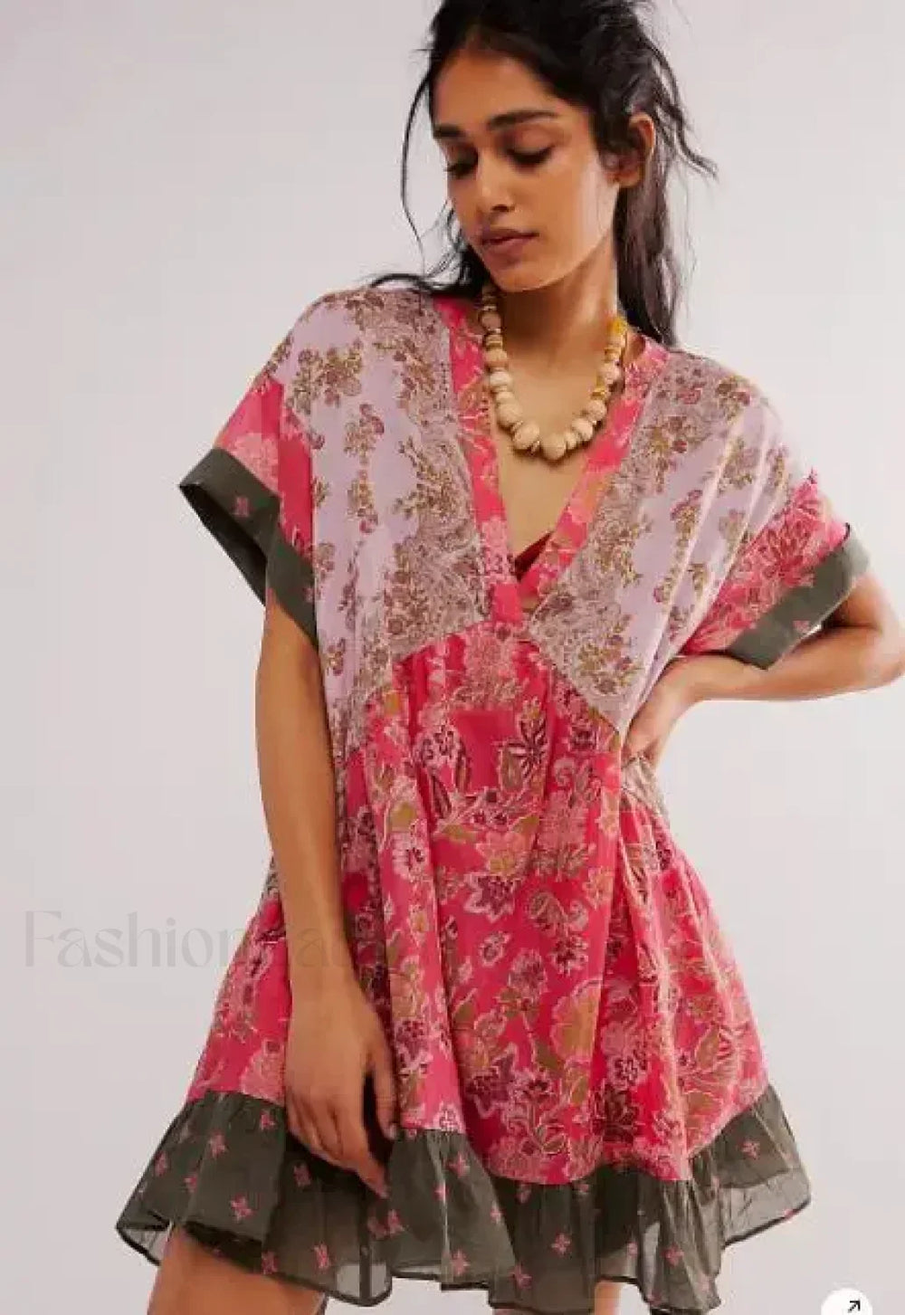 Pleated Oversized V Neck Boho Dress Red / S