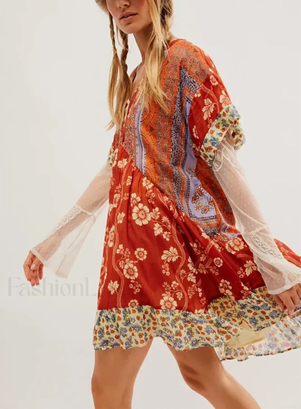 Pleated Oversized V Neck Boho Dress Watermelon red / S