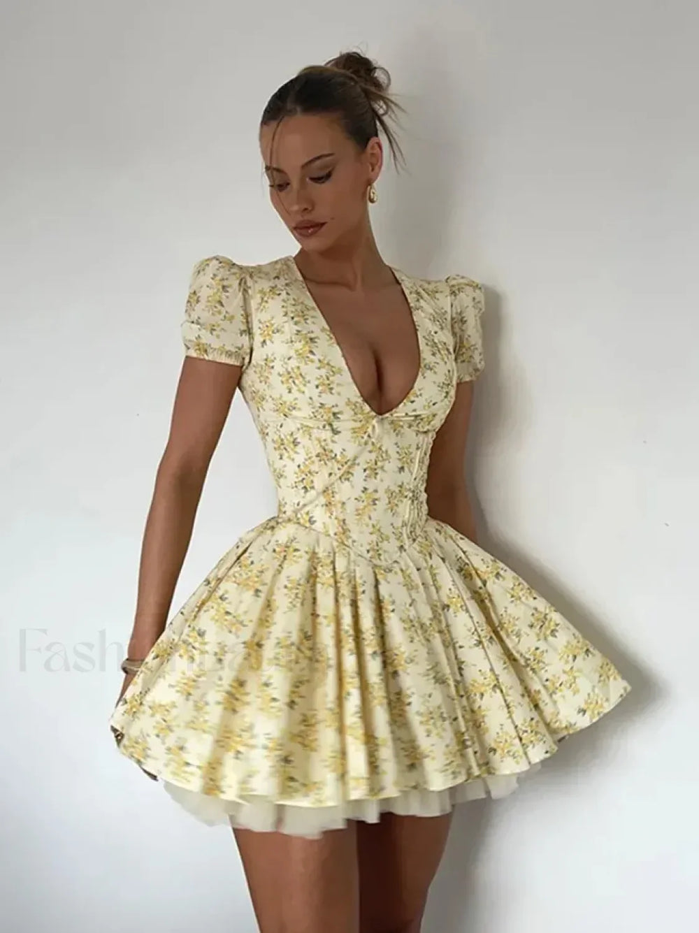 Pleated Puff Sleeve Floral Dress