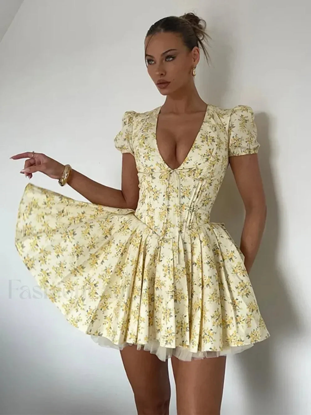 Pleated Puff Sleeve Floral Dress