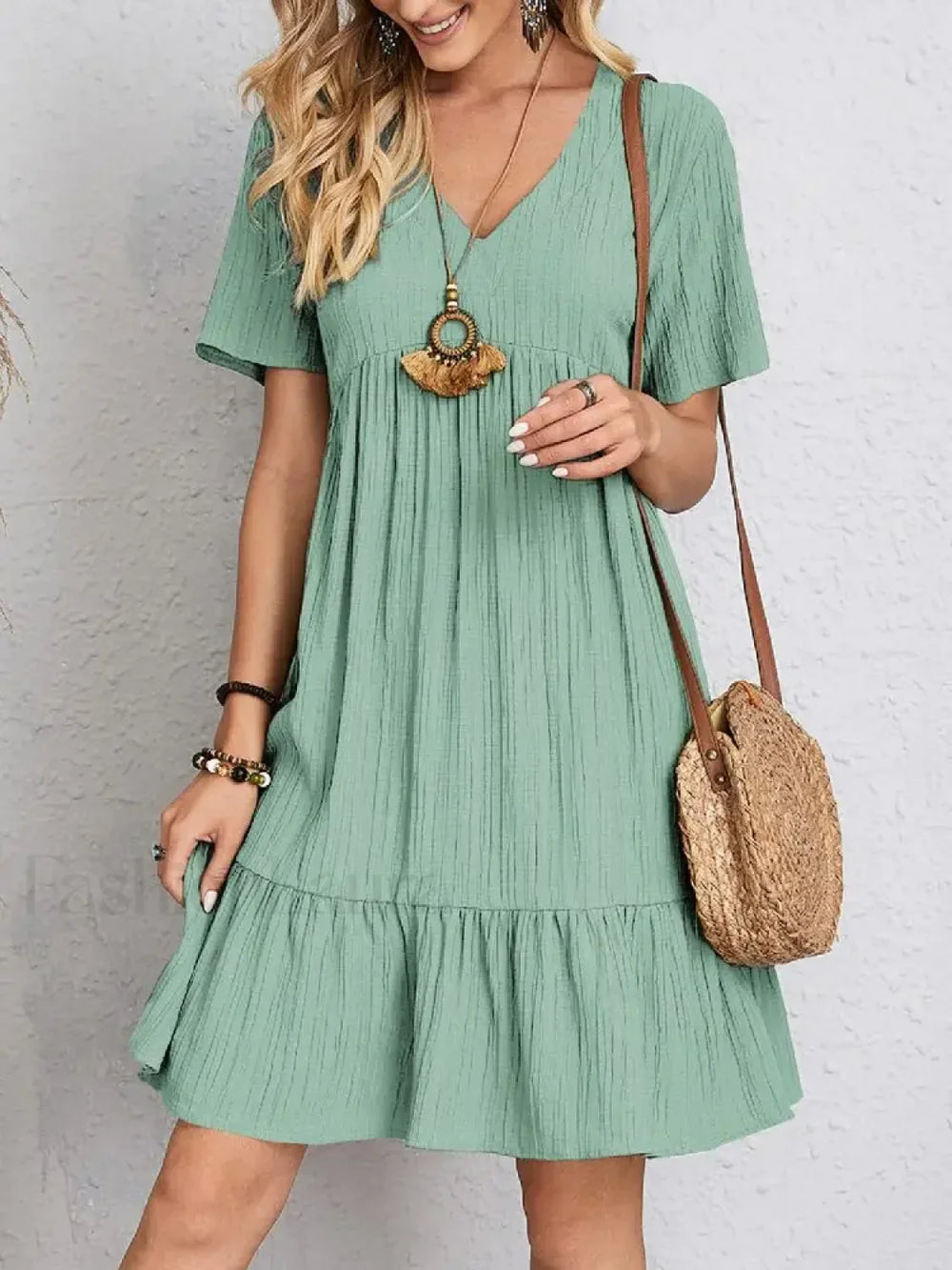 Pleated Ruffle Mini Boho Dress Light Green / S