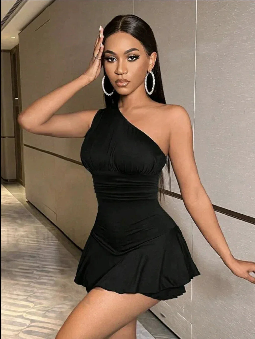 Pleated Solid Single Shoulder One Piece