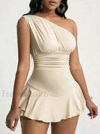 Pleated Solid Single Shoulder One Piece