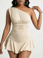Pleated Solid Single Shoulder One Piece
