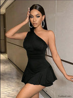 Pleated Solid Single Shoulder One Piece