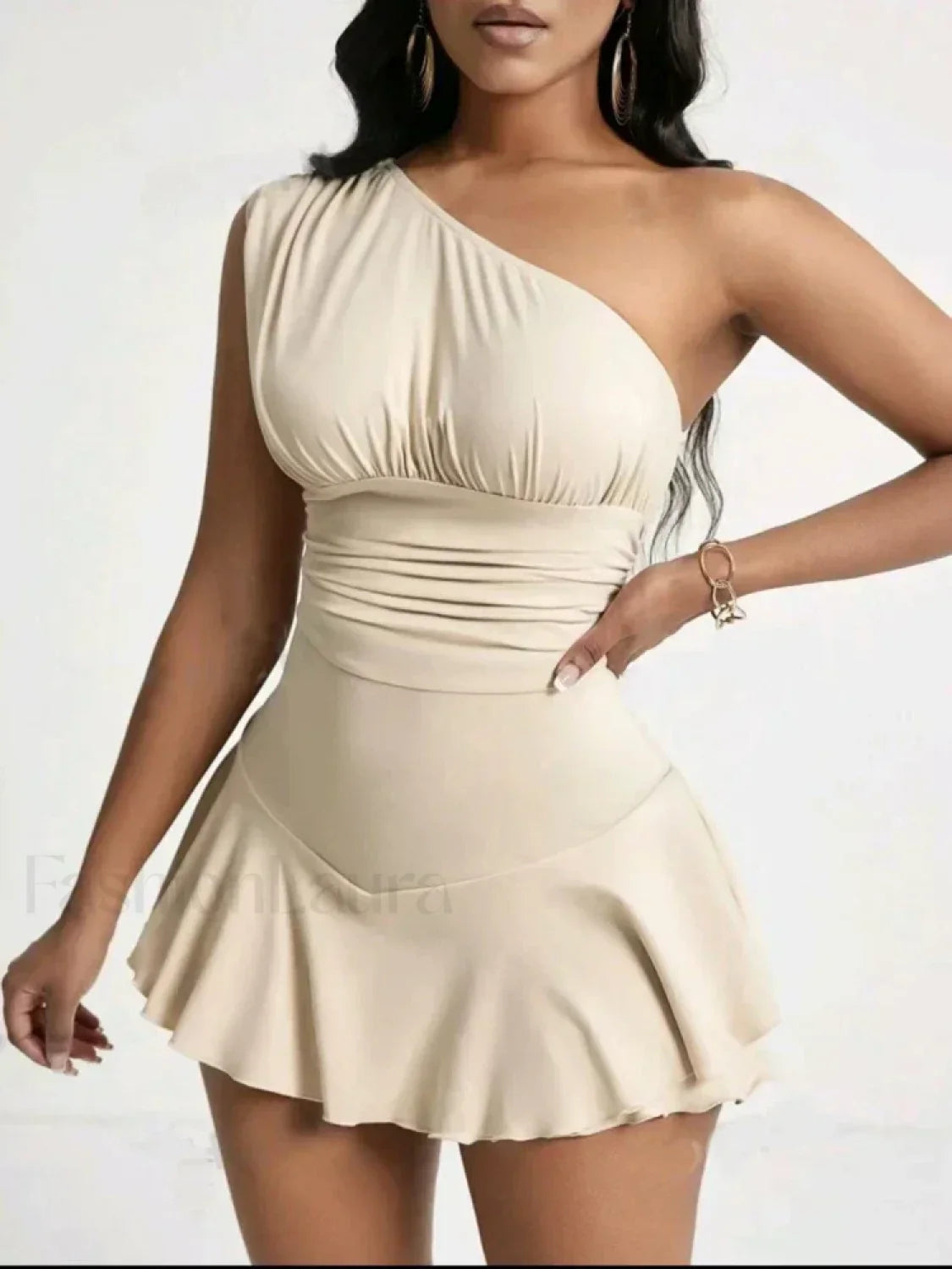 Pleated Solid Single Shoulder One Piece Beige / S