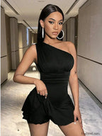 Pleated Solid Single Shoulder One Piece Black / S