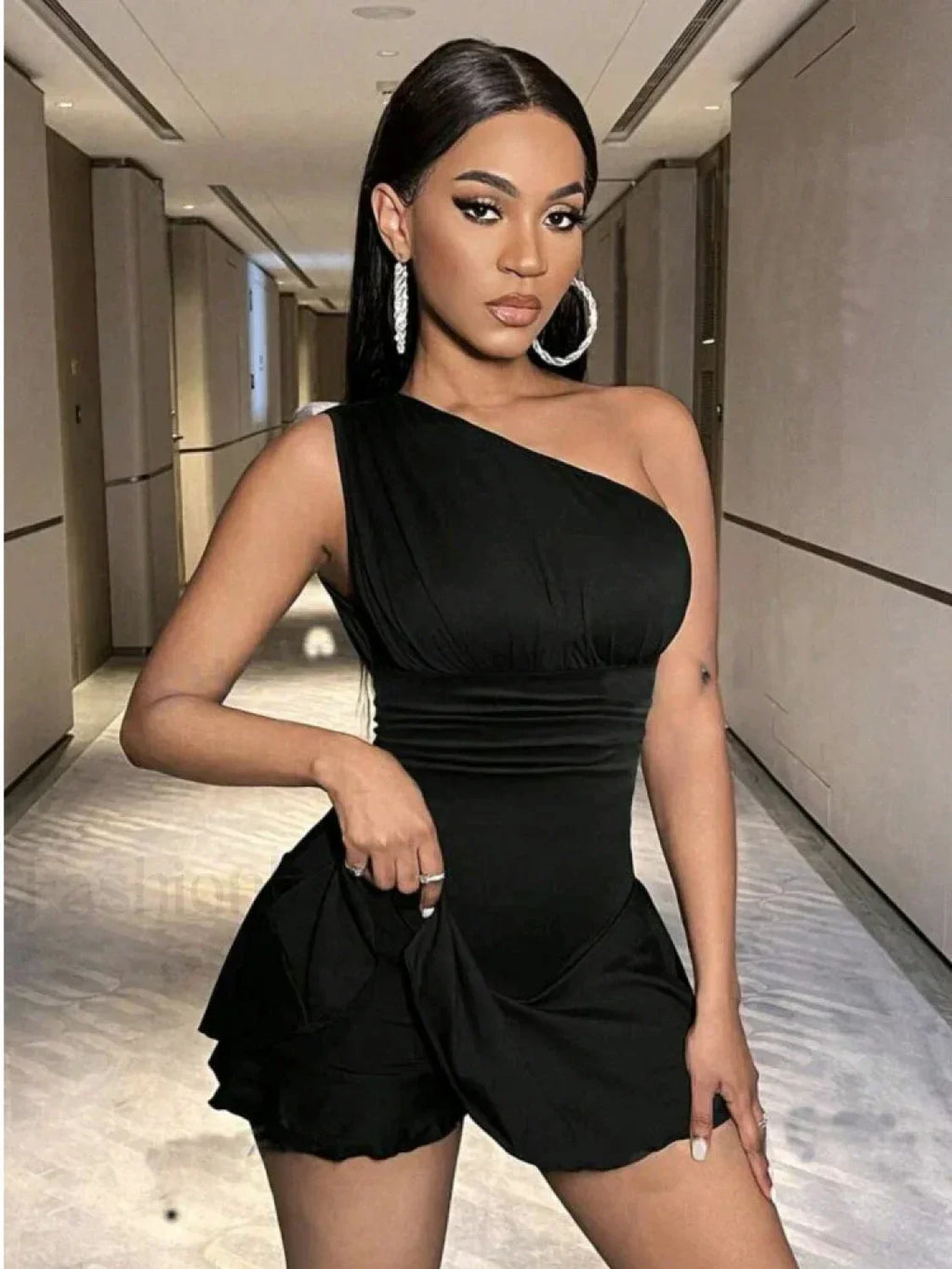 Pleated Solid Single Shoulder One Piece Black / S