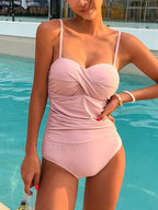 Pleated Spaghetti Strap Backless One Piece pink / M