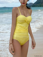 Pleated Spaghetti Strap Backless One Piece yellow / M