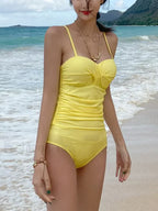 Pleated Spaghetti Strap Backless One Piece yellow / M