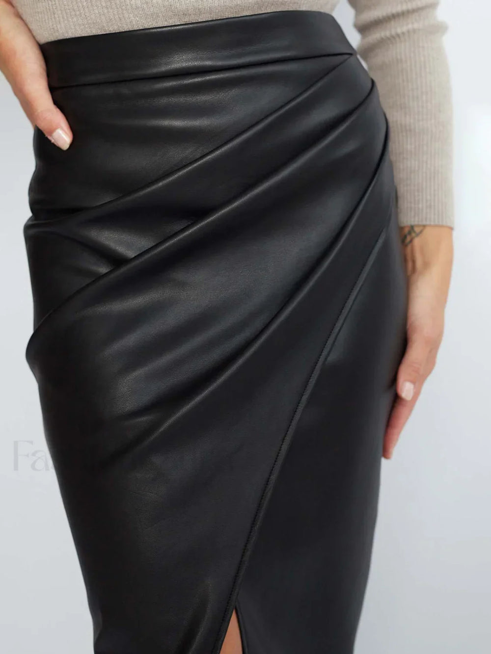Pleated Split PU Leather Skirt Skirts