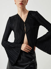 Pleated V neck Ruffle Trendy Long Sleeve Blouse Blouses