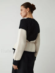 Pointelle Knit Patchwork Trendy Tie Front Sweater Sweaters L