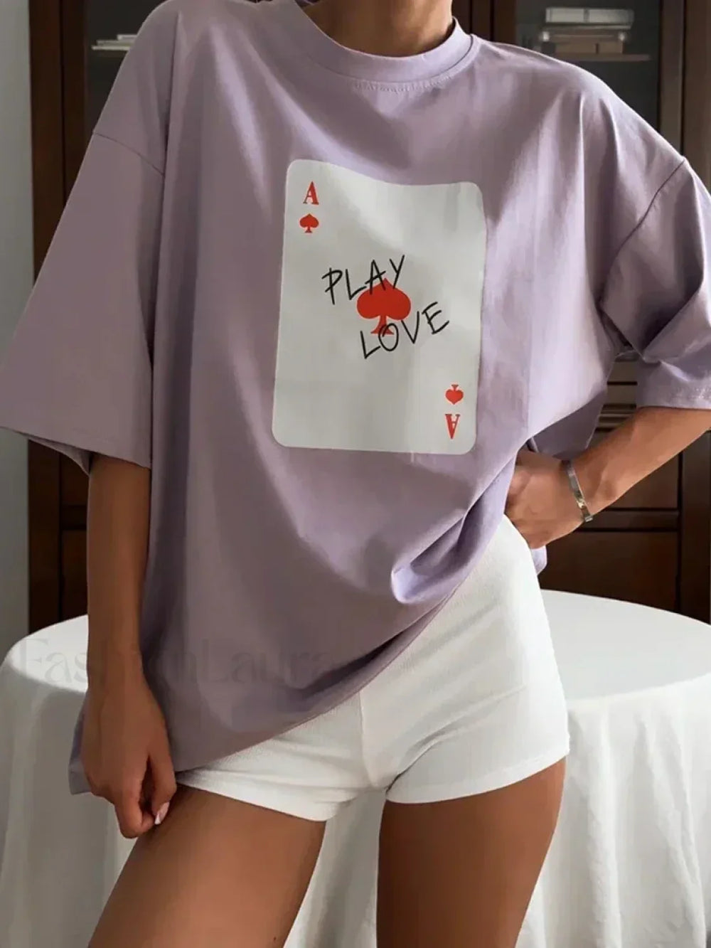 Poker Card Printed Loose Cotton T Shirt Purple / S