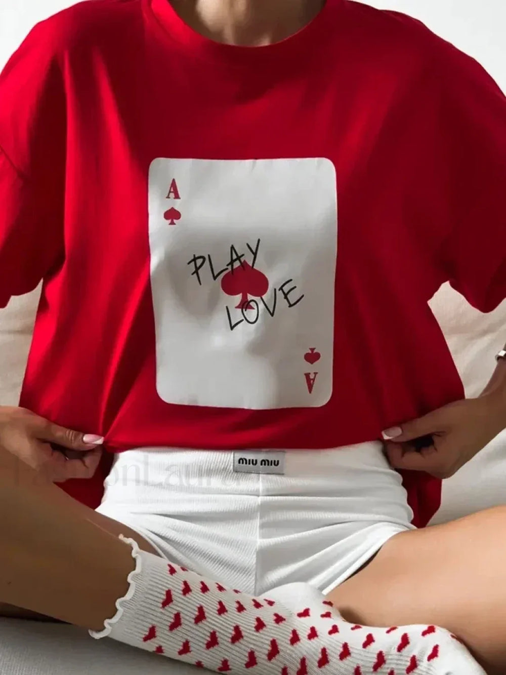 Poker Card Printed Loose Cotton T Shirt Red / S