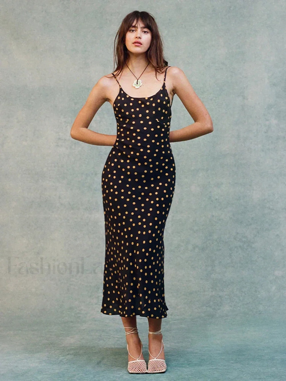 Polka Dot Backless Midi Dress Black / S