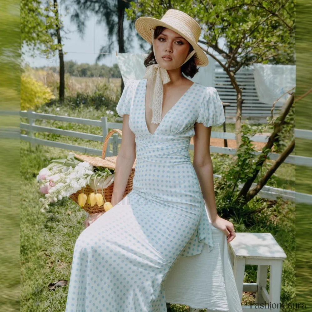 Polka Dot Lace Up French Gentle Wind Maxi Dress
