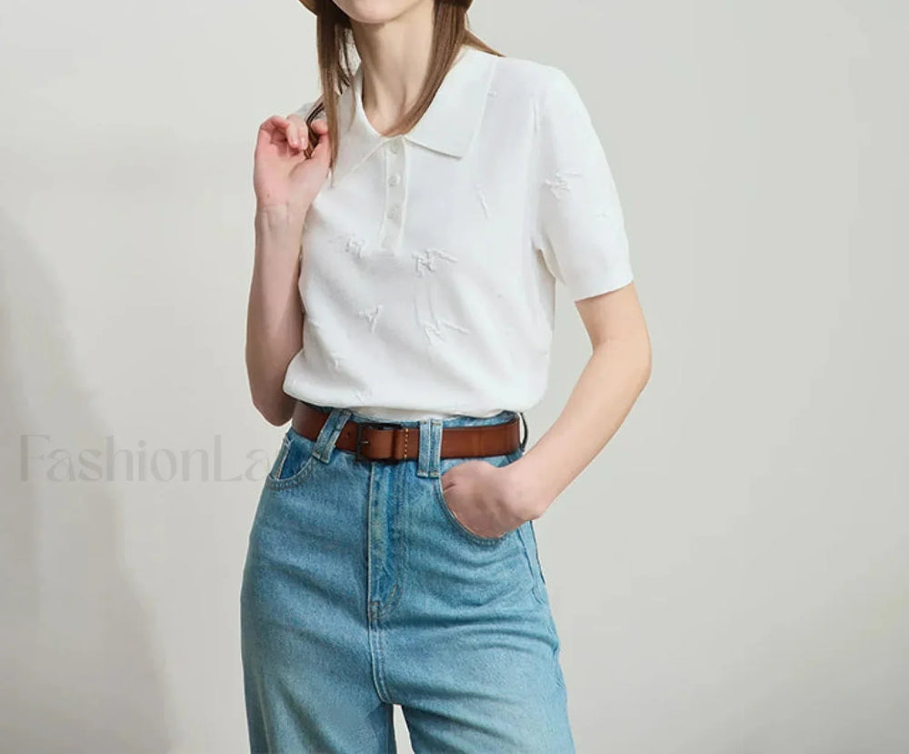 Polo Letter Knitted T Shirt Beige / S