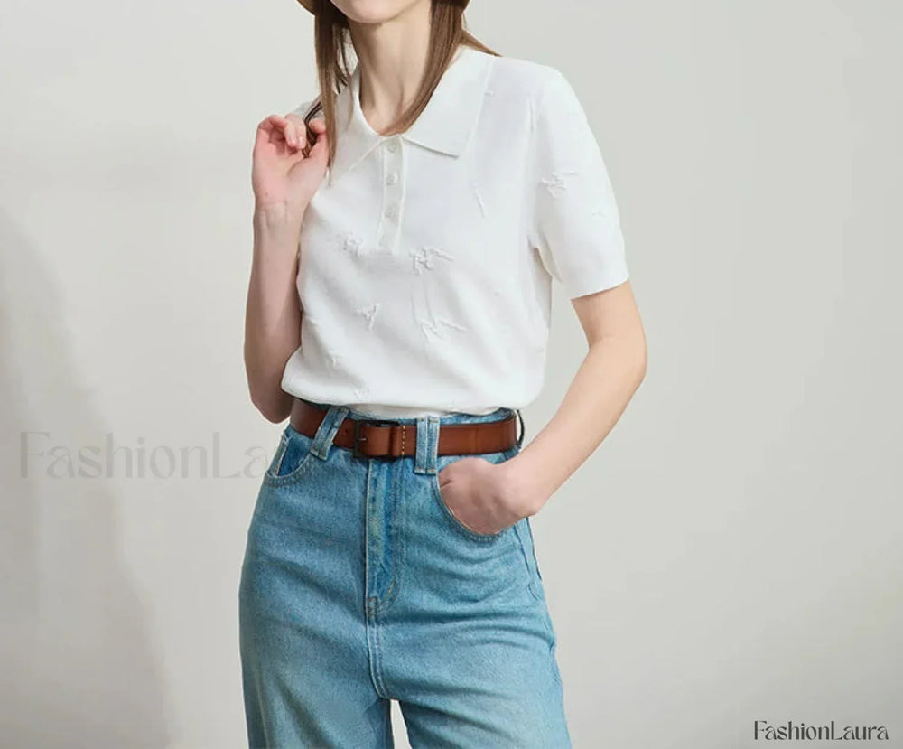 Polo Letter Knitted T Shirt Beige / S