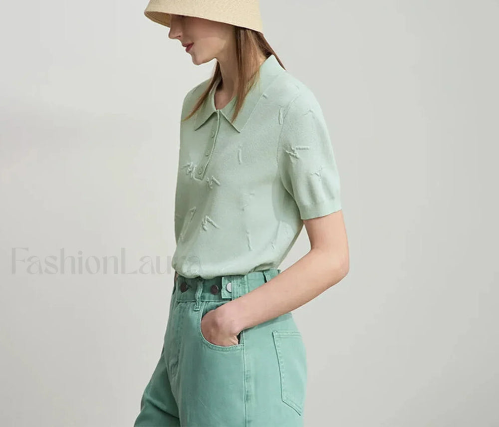 Polo Letter Knitted T Shirt Green / S