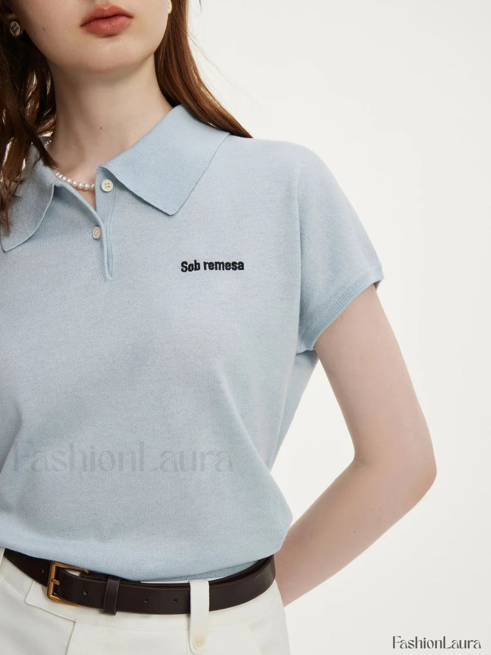 Polo Neck Light Blue Wool Cotton T Shirt