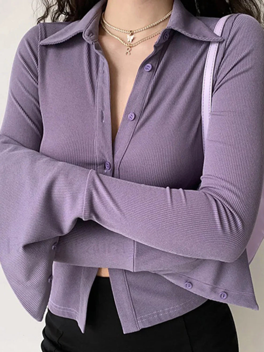 Polo Neck Long Sleeve Rib Blouse Long Sleeves