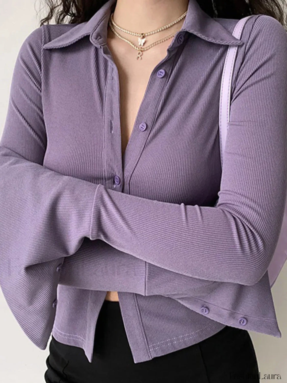 Polo Neck Long Sleeve Rib Blouse Long Sleeves