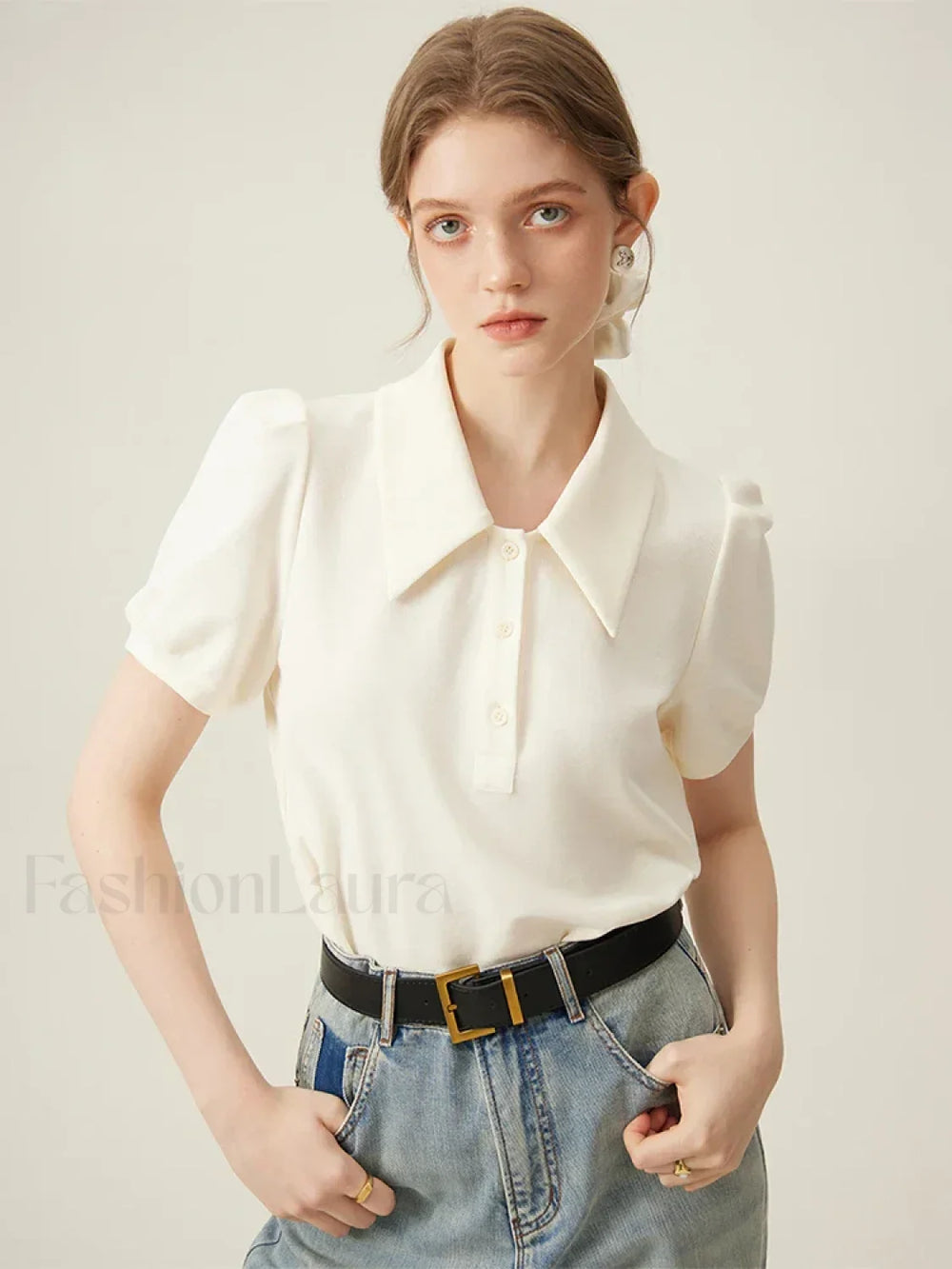 Polo Neck Stripe Contrasting Color T Shirt Beige / S