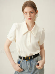 Polo Neck Stripe Contrasting Color T Shirt Beige / S