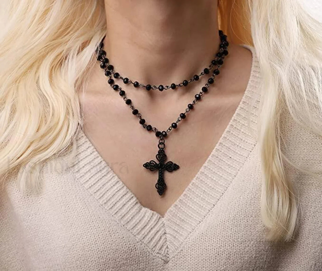 Popular Dark Gothic Layered Exaggerated Cross Necklace BLACK