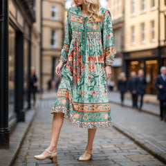Porcelain Print Tie Neck Boho Dress Green / S