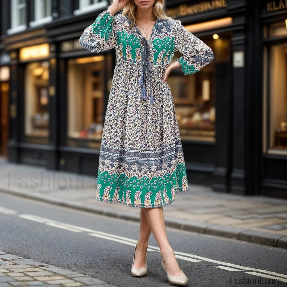 Porcelain Print Tie Neck Boho Dress Purple / S