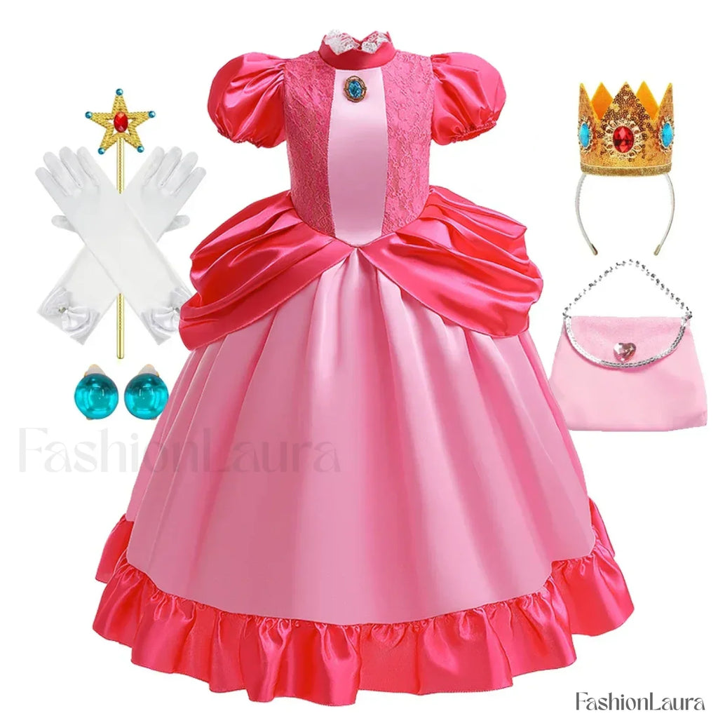 Princess Cosplay Peach Dress Accessories Role Play Carnival Birthday Kid Costume 2T (Tag 100) / Peach Dress B