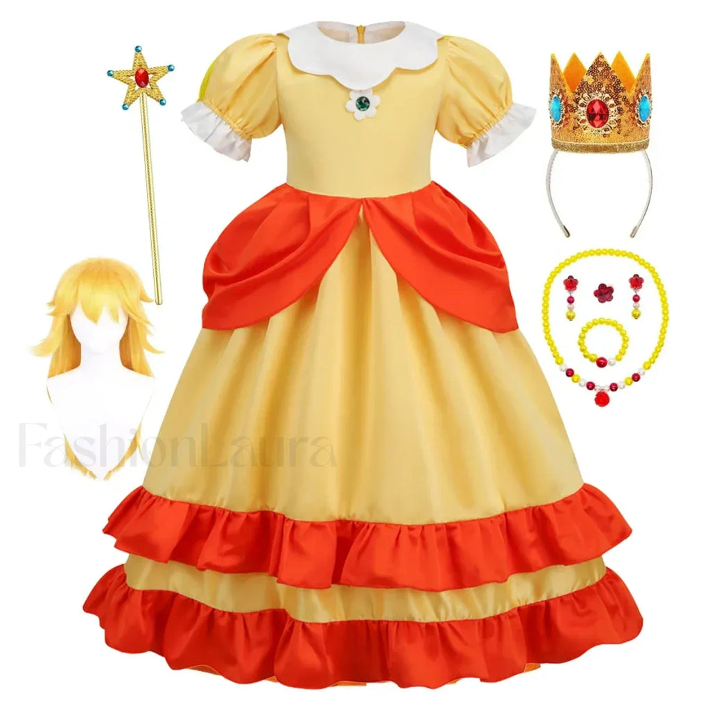 Princess Cosplay Peach Dress Accessories Role Play Carnival Birthday Kid Costume 2T (Tag 100) / Dress C