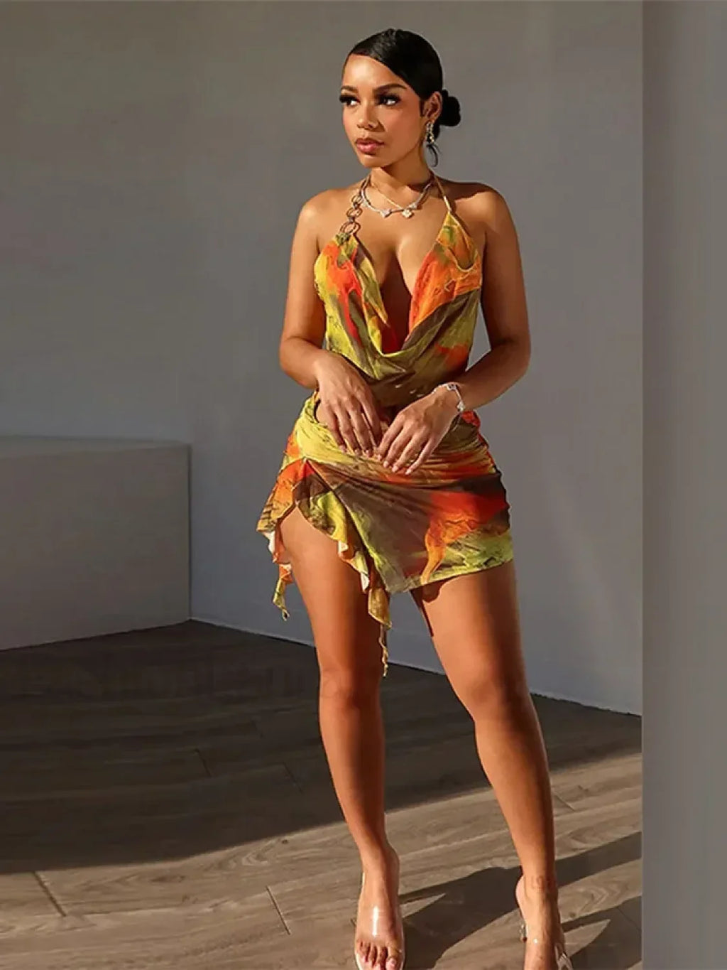 Print Fold High Waist Mini Dress