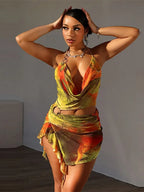 Print Fold High Waist Mini Dress Yellow / S