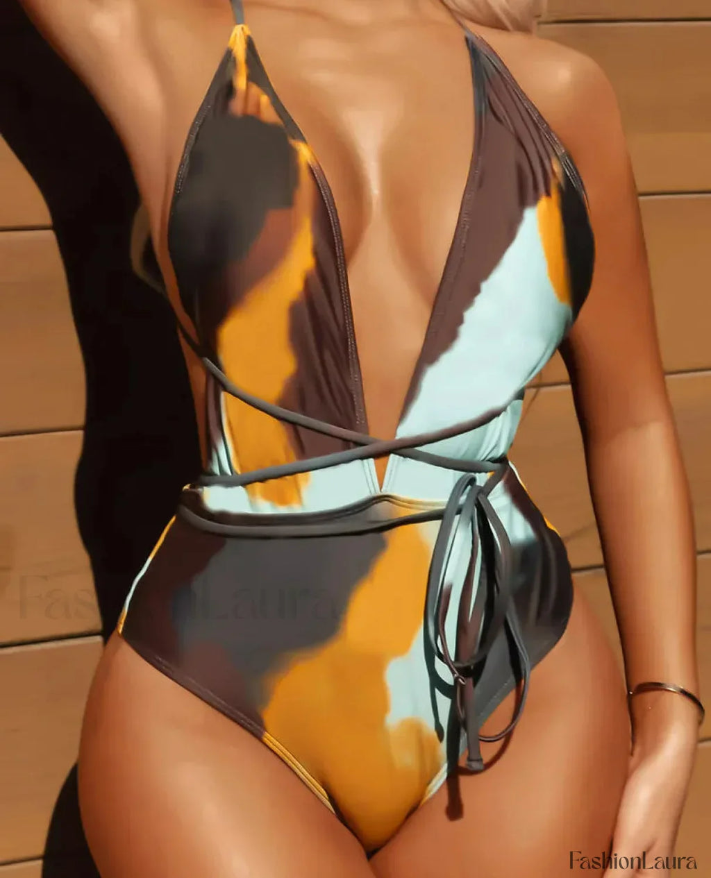 Print Strapped Deep V Cross One Piece brown / S