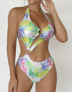 Print Tied Halter Hollow One Piece
