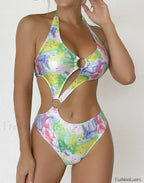 Print Tied Halter Hollow One Piece