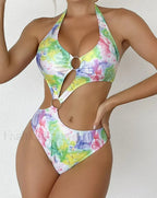 Print Tied Halter Hollow One Piece green / S