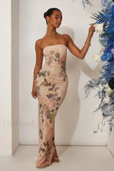 Printed Backless Tube Top Bodycon Maxi Dress Lotus root color / S