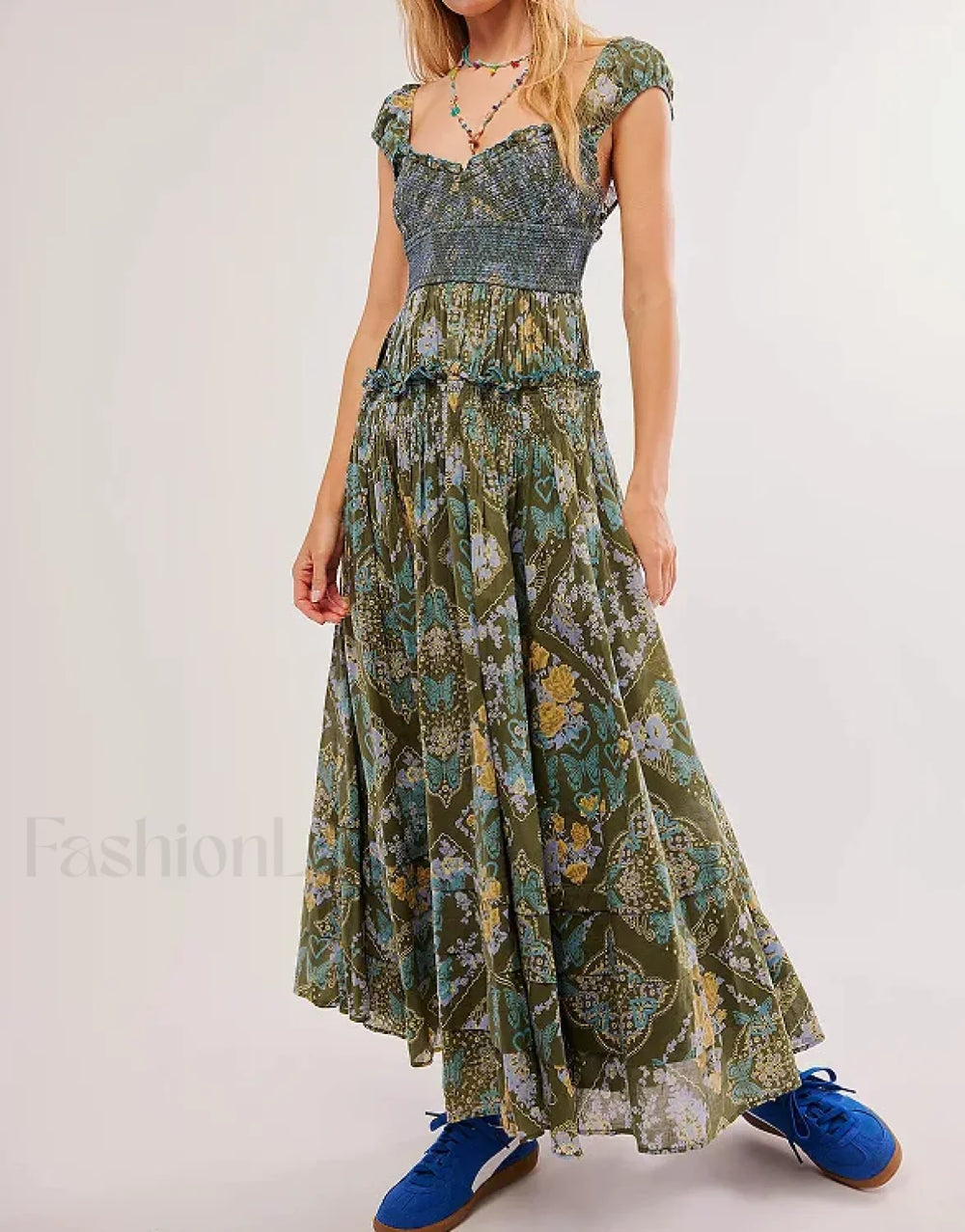 Printed Chiffon Short Sleeve Boho Dress Green / S