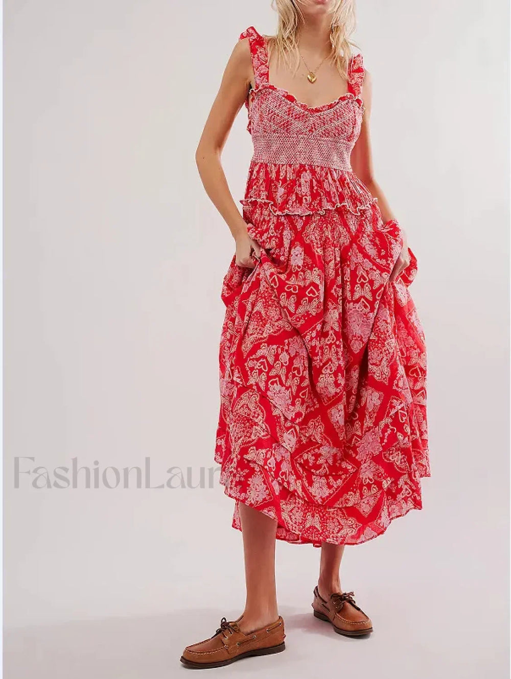 Printed Chiffon Short Sleeve Boho Dress Red / S