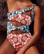 Printed Hollow Out One Shoulder One Piece