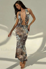 Printed Hollow Snake Pattern Sexy Perspective Floral Dress