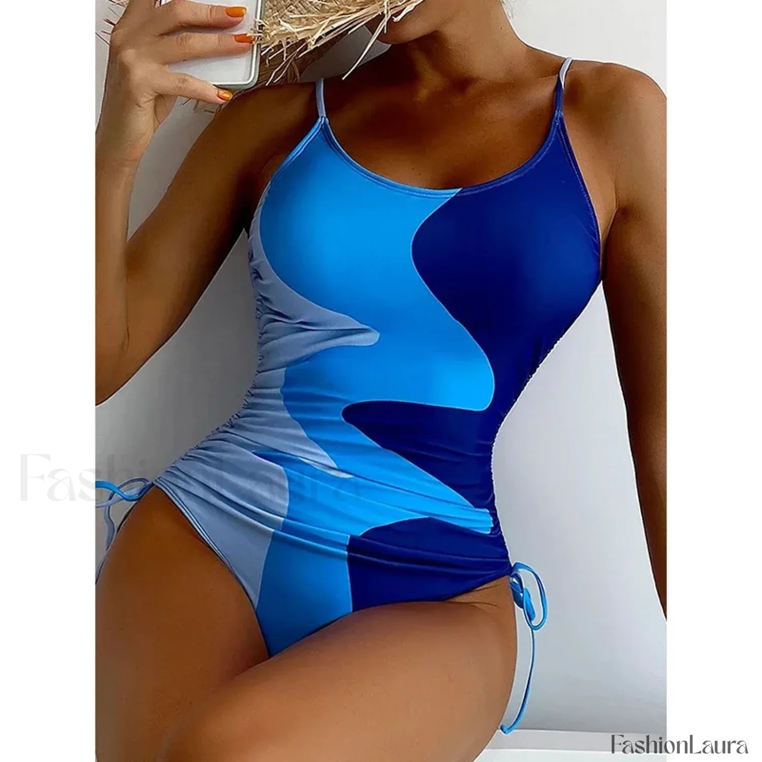 Printed Lace Up Drawstring One Piece Blue / S