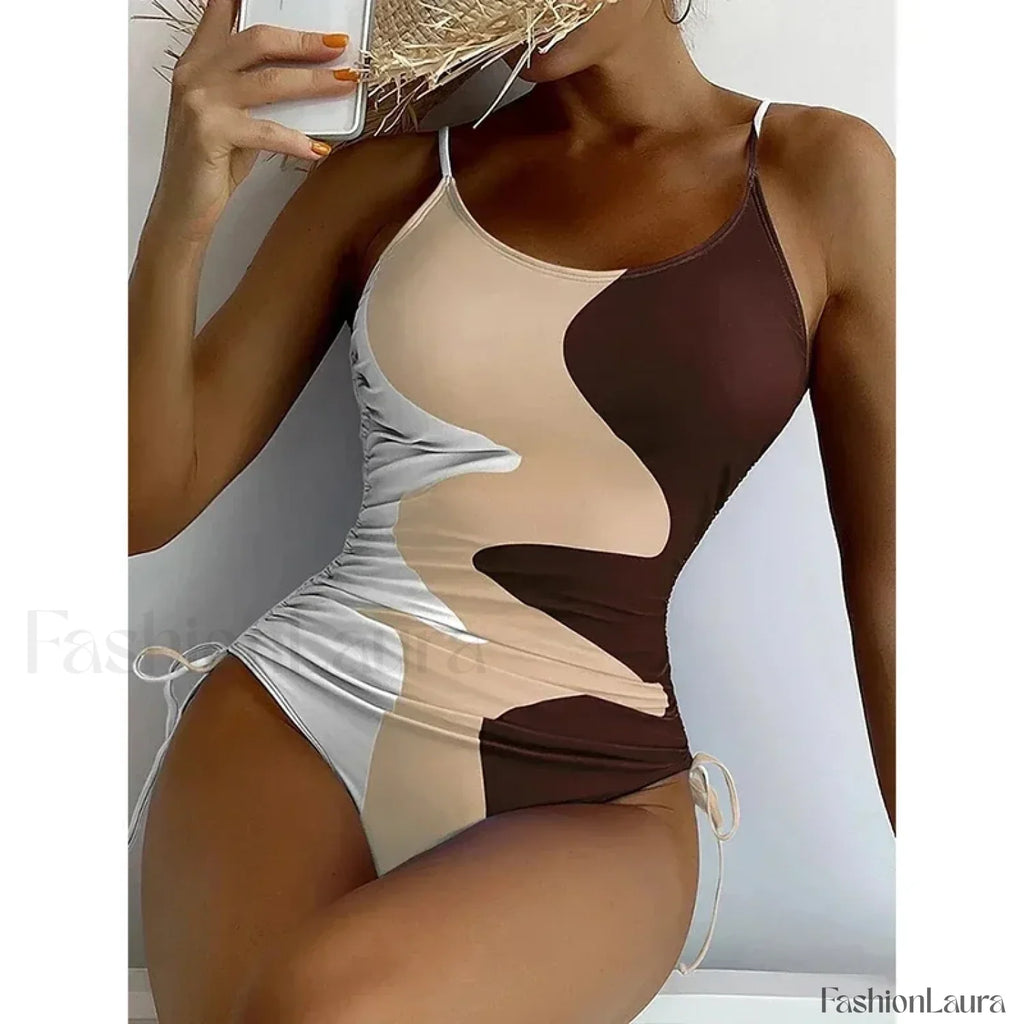 Printed Lace Up Drawstring One Piece Brown / S