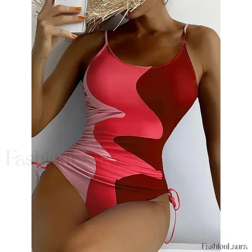 Printed Lace Up Drawstring One Piece Red / S