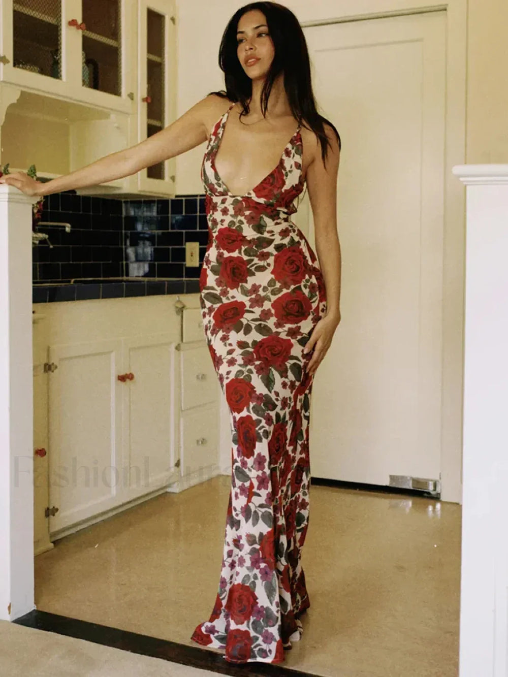 Printed Lace Up Maxi Dress Red / L